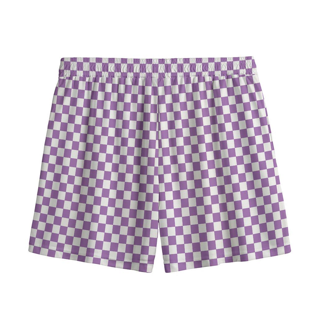 Light Purple And White Checkered Print Mesh Shorts