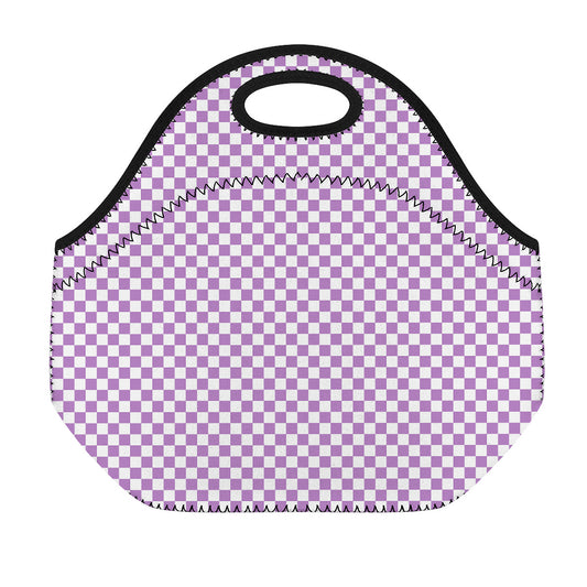 Light Purple And White Checkered Print Neoprene Lunch Bag