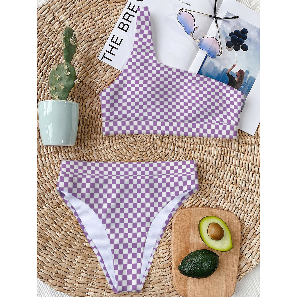 Light Purple And White Checkered Print One Shoulder Bikini Top