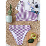 Light Purple And White Checkered Print One Shoulder Bikini Top