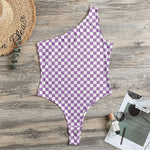 Light Purple And White Checkered Print One Shoulder Bodysuit