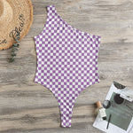 Light Purple And White Checkered Print One Shoulder Bodysuit