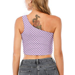 Light Purple And White Checkered Print One Shoulder Crop Top