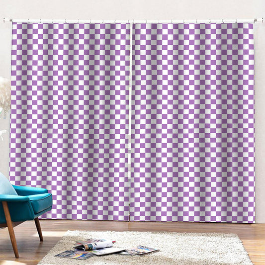 Light Purple And White Checkered Print Pencil Pleat Curtains