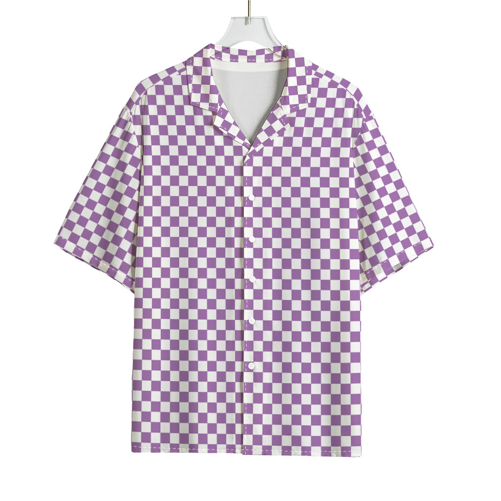 Light Purple And White Checkered Print Rayon Hawaiian Shirt