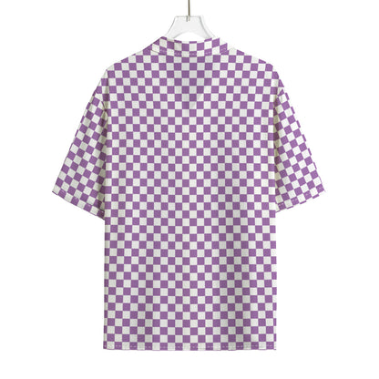 Light Purple And White Checkered Print Rayon Hawaiian Shirt