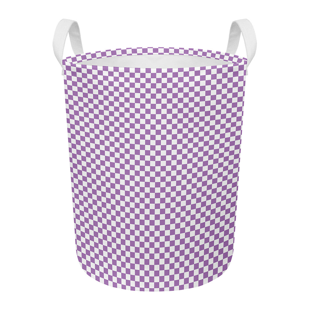 Light Purple And White Checkered Print Round Laundry Basket