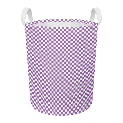 Light Purple And White Checkered Print Round Laundry Basket
