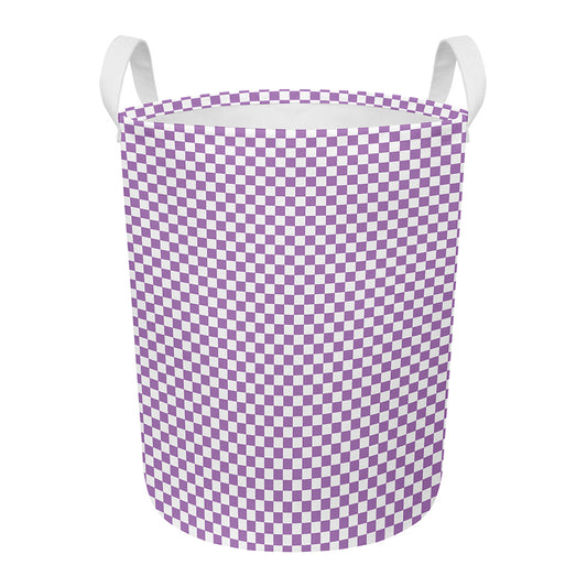 Light Purple And White Checkered Print Round Laundry Basket
