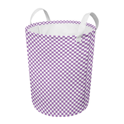 Light Purple And White Checkered Print Round Laundry Basket