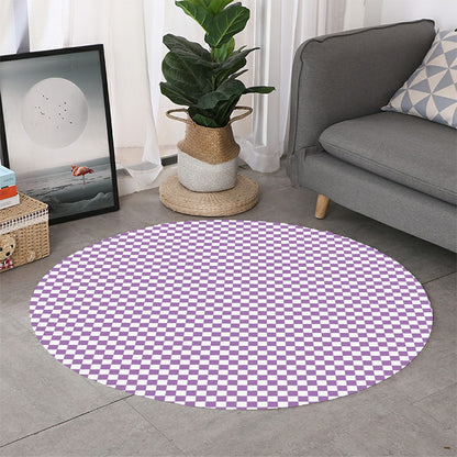 Light Purple And White Checkered Print Round Rug