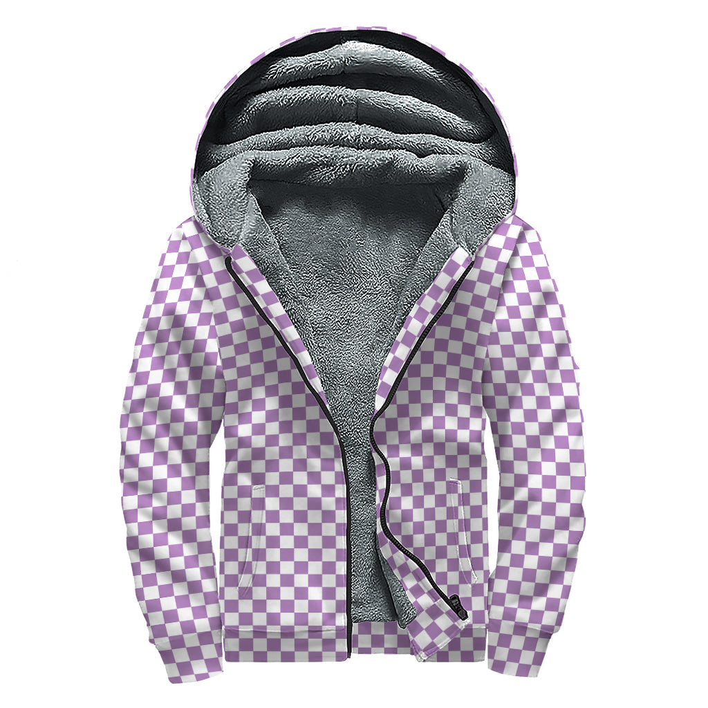 Light Purple And White Checkered Print Sherpa Lined Zip Up Hoodie