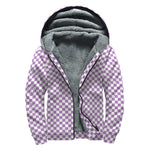 Light Purple And White Checkered Print Sherpa Lined Zip Up Hoodie