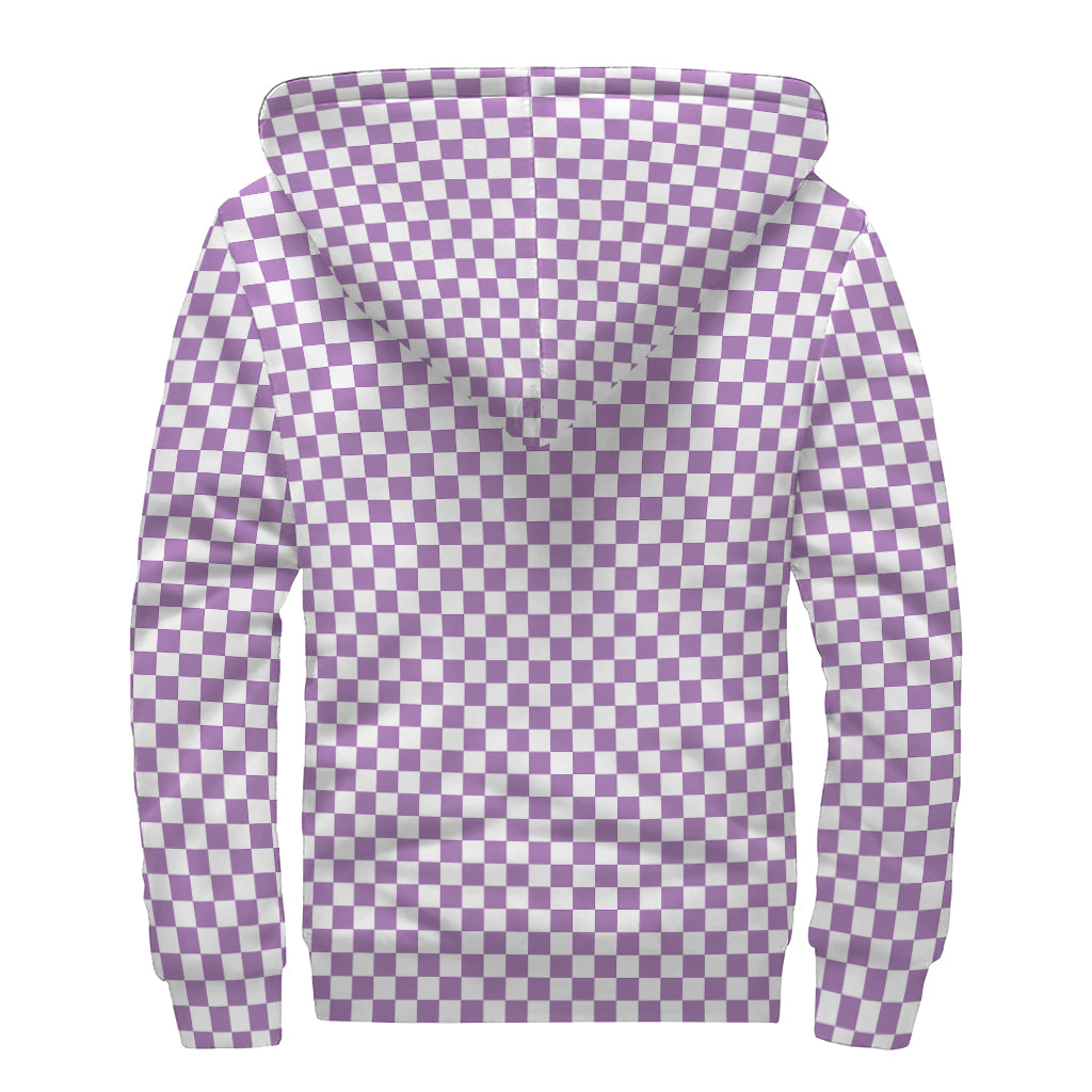 Light Purple And White Checkered Print Sherpa Lined Zip Up Hoodie