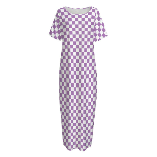 Light Purple And White Checkered Print Short Sleeve Long Nightdress