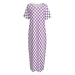 Light Purple And White Checkered Print Short Sleeve Long Nightdress