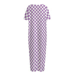Light Purple And White Checkered Print Short Sleeve Long Nightdress