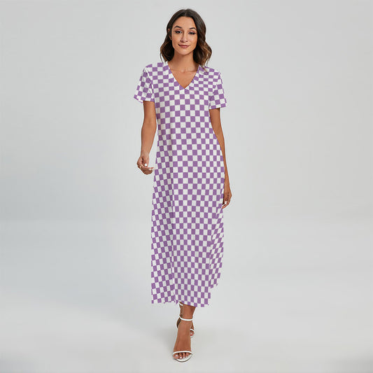 Light Purple And White Checkered Print Short Sleeve Maxi Dress