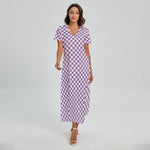 Light Purple And White Checkered Print Short Sleeve Maxi Dress