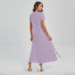 Light Purple And White Checkered Print Short Sleeve Maxi Dress