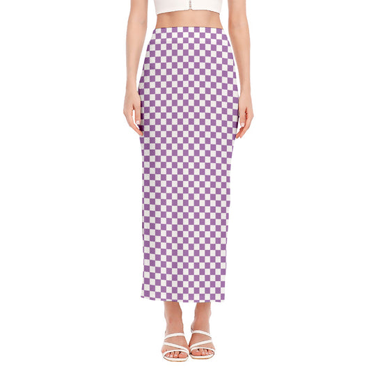 Light Purple And White Checkered Print Side Slit Maxi Skirt