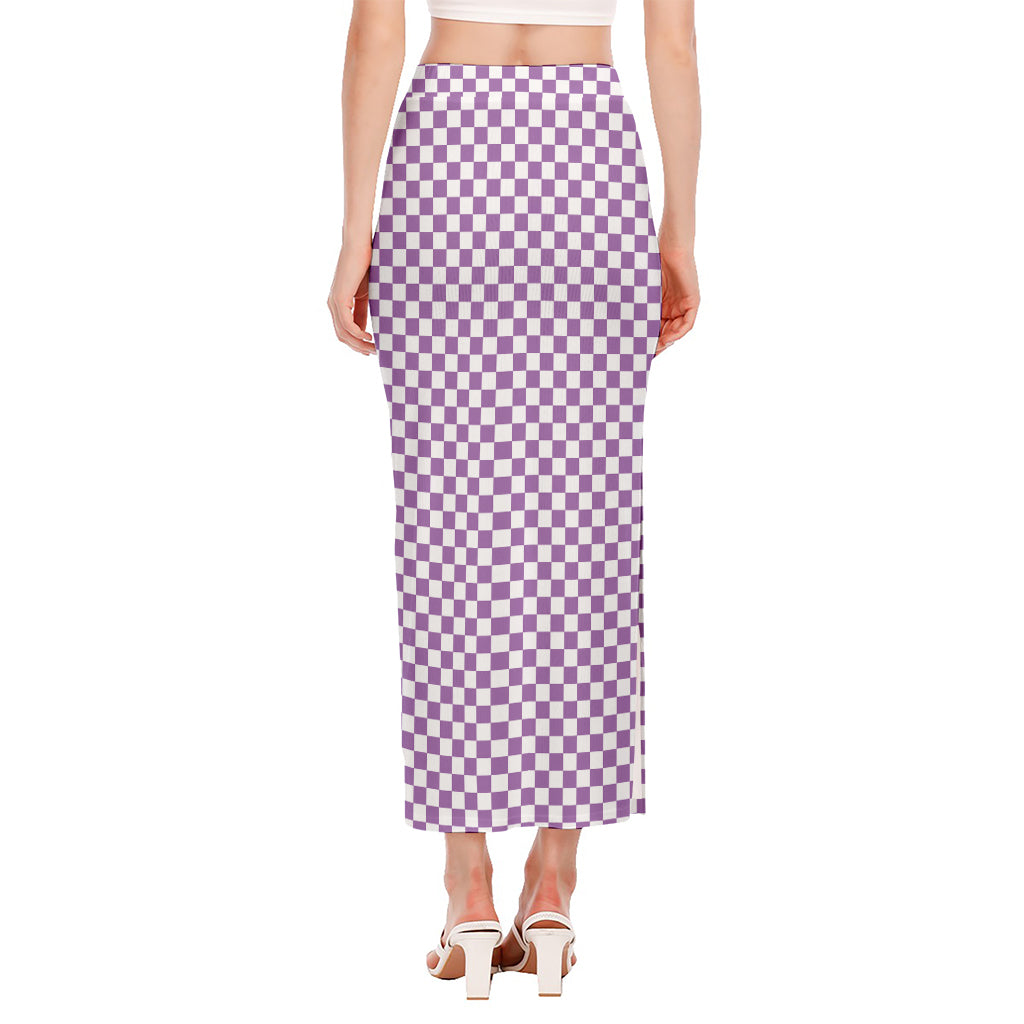Light Purple And White Checkered Print Side Slit Maxi Skirt
