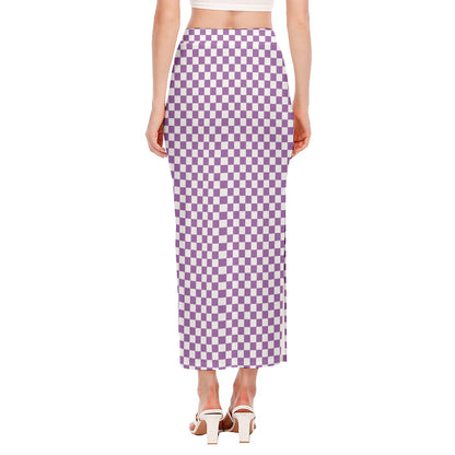 Light Purple And White Checkered Print Side Slit Maxi Skirt