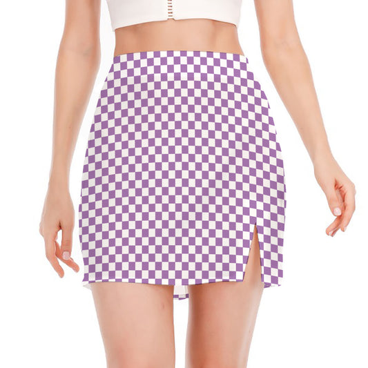 Light Purple And White Checkered Print Side Slit Mini Skirt