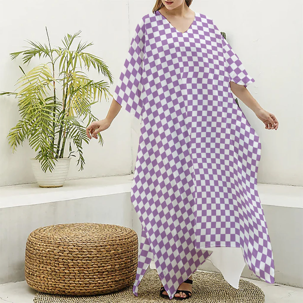 Light Purple And White Checkered Print Silk V-Neck Kaftan Dress