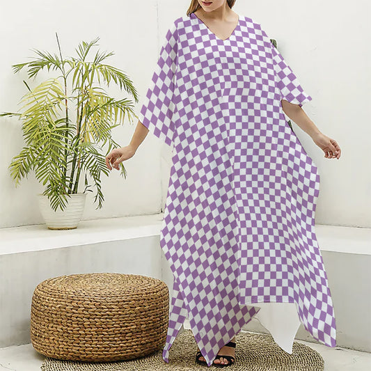 Light Purple And White Checkered Print Silk V-Neck Kaftan Dress