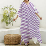 Light Purple And White Checkered Print Silk V-Neck Kaftan Dress