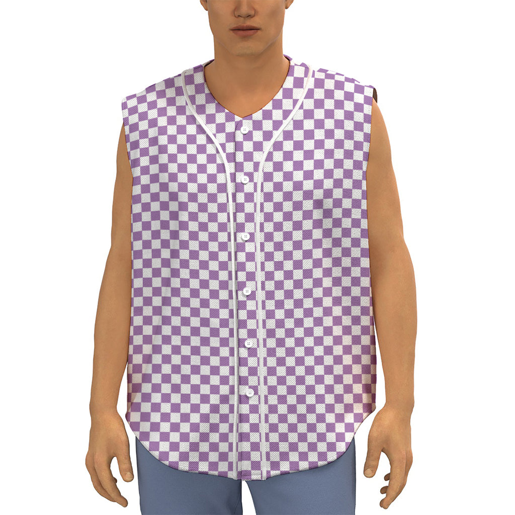 Light Purple And White Checkered Print Sleeveless Baseball Jersey