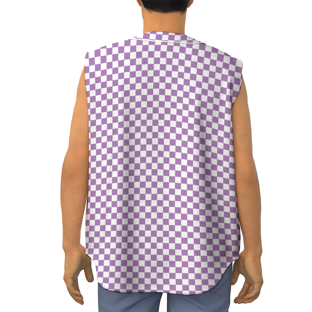 Light Purple And White Checkered Print Sleeveless Baseball Jersey
