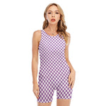 Light Purple And White Checkered Print Sleeveless One Piece Swimsuit