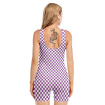 Light Purple And White Checkered Print Sleeveless One Piece Swimsuit