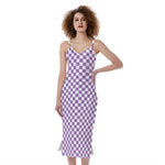 Light Purple And White Checkered Print Slim Fit Midi Cami Dress