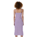 Light Purple And White Checkered Print Slim Fit Midi Cami Dress