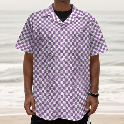 Light Purple And White Checkered Print Textured Short Sleeve Shirt