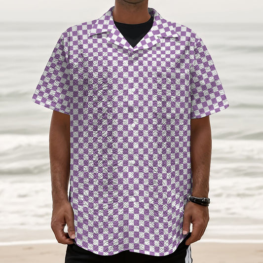 Light Purple And White Checkered Print Textured Short Sleeve Shirt