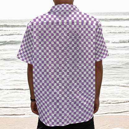 Light Purple And White Checkered Print Textured Short Sleeve Shirt