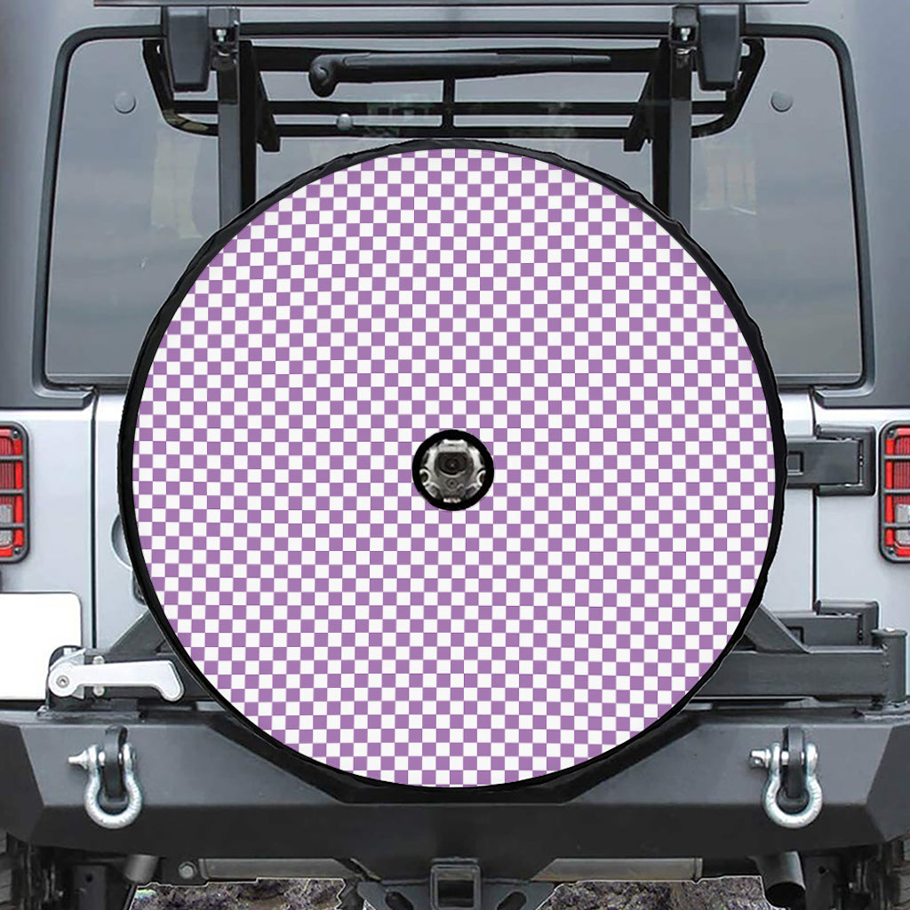 Light Purple And White Checkered Print Tire Cover With Camera Hole