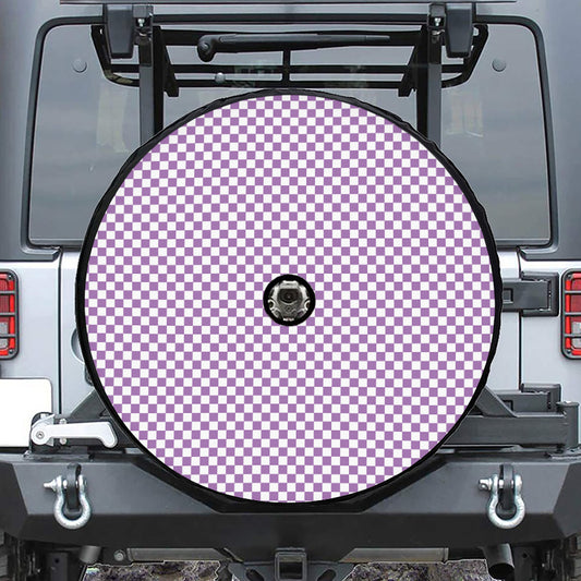 Light Purple And White Checkered Print Tire Cover With Camera Hole