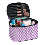 Light Purple And White Checkered Print Travel Makeup Bag