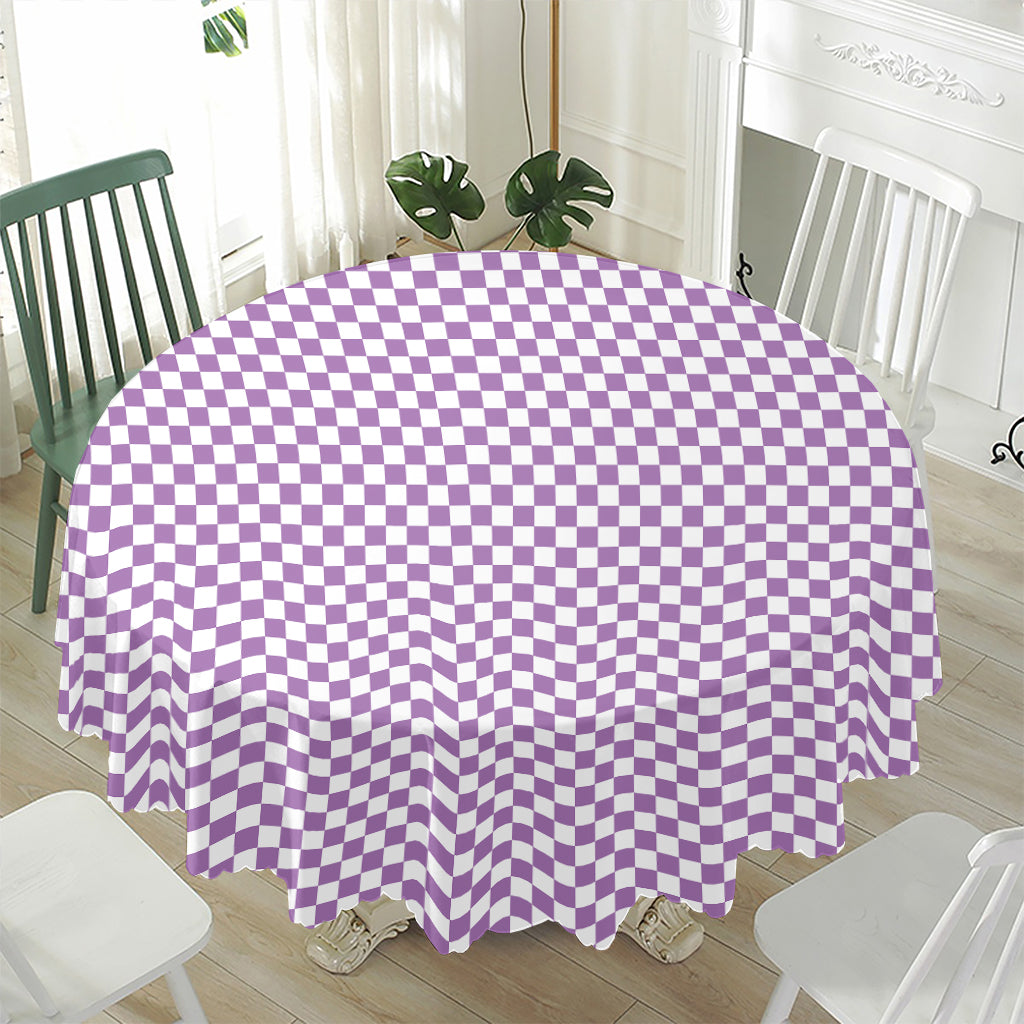 Light Purple And White Checkered Print Waterproof Round Tablecloth