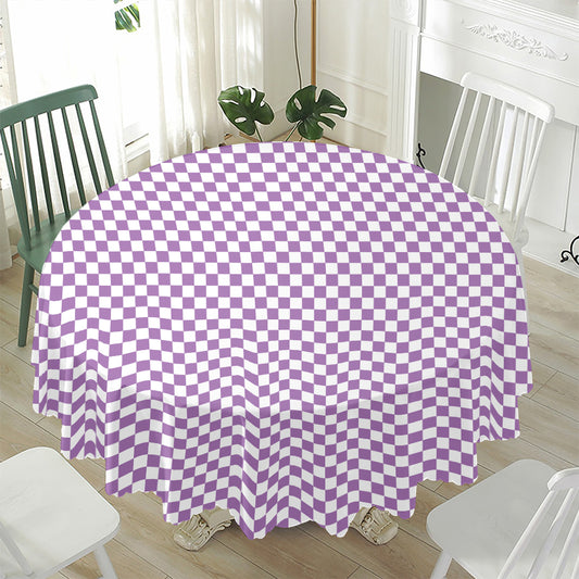 Light Purple And White Checkered Print Waterproof Round Tablecloth