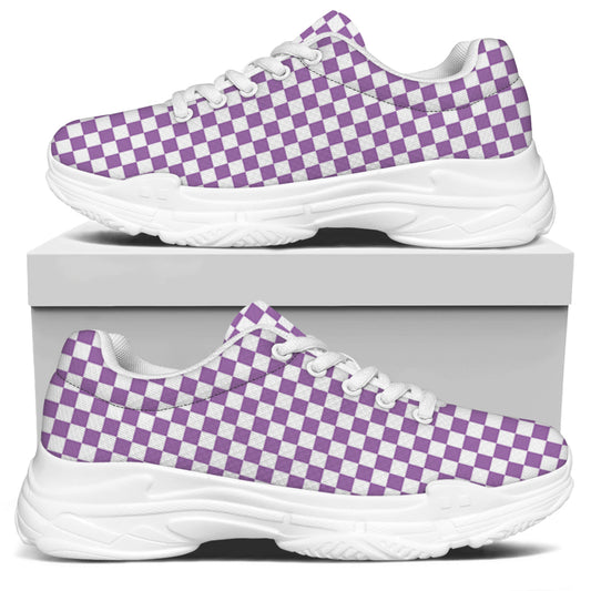 Light Purple And White Checkered Print White Chunky Shoes