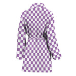 Light Purple And White Checkered Print Women's Bathrobe