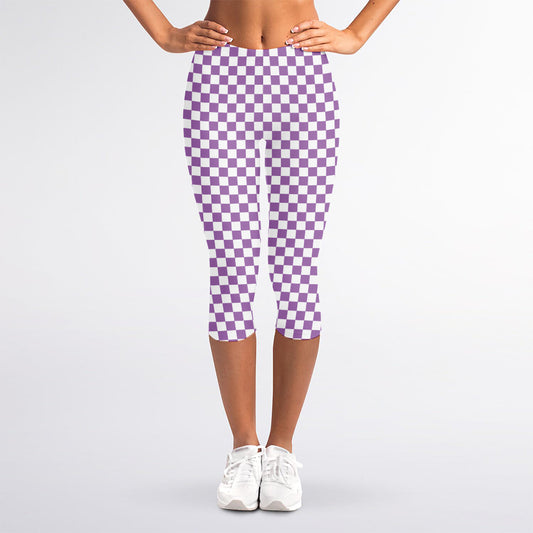 Light Purple And White Checkered Print Women's Capri Leggings
