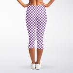 Light Purple And White Checkered Print Women's Capri Leggings