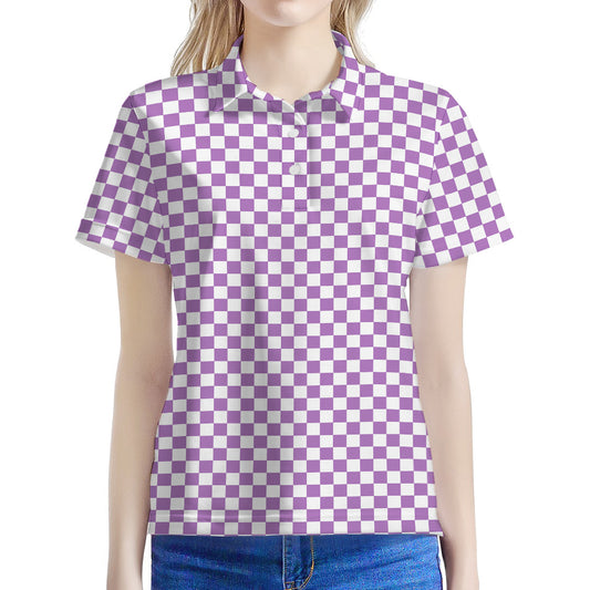 Light Purple And White Checkered Print Women's Polo Shirt